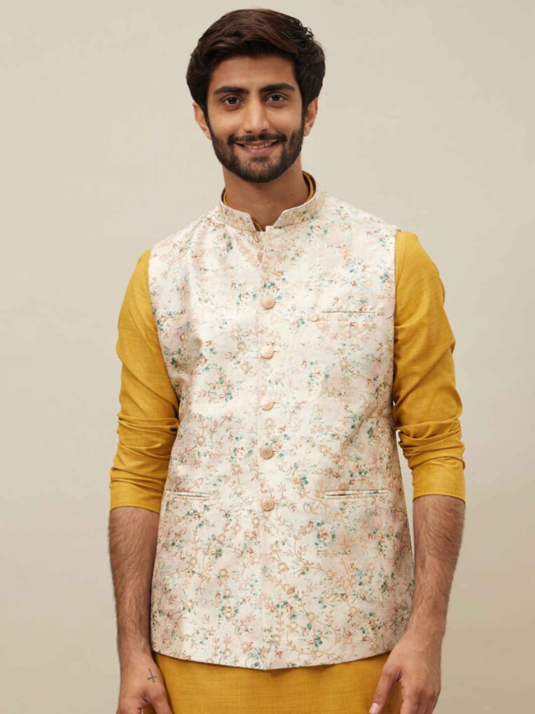 Manyavar Giacca Nehru Uomo – Stampa Floreale, Tessuto Terry Rayon, Ideale Per Matrimoni E Feste