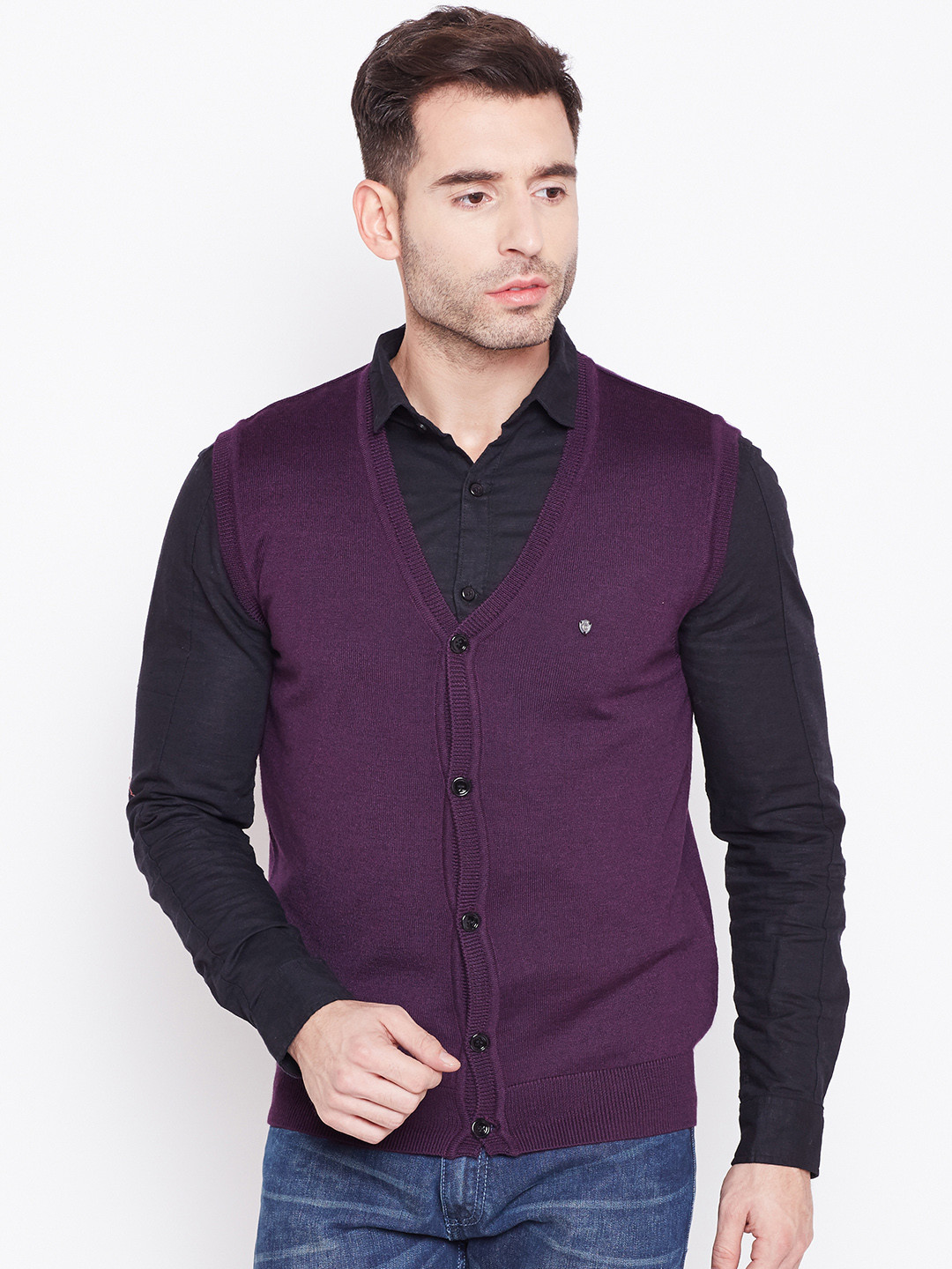 Buy Blackberrys Men Purple Solid Sleeveless Cardigan - Sweaters for Men 2259422 | Myntra
