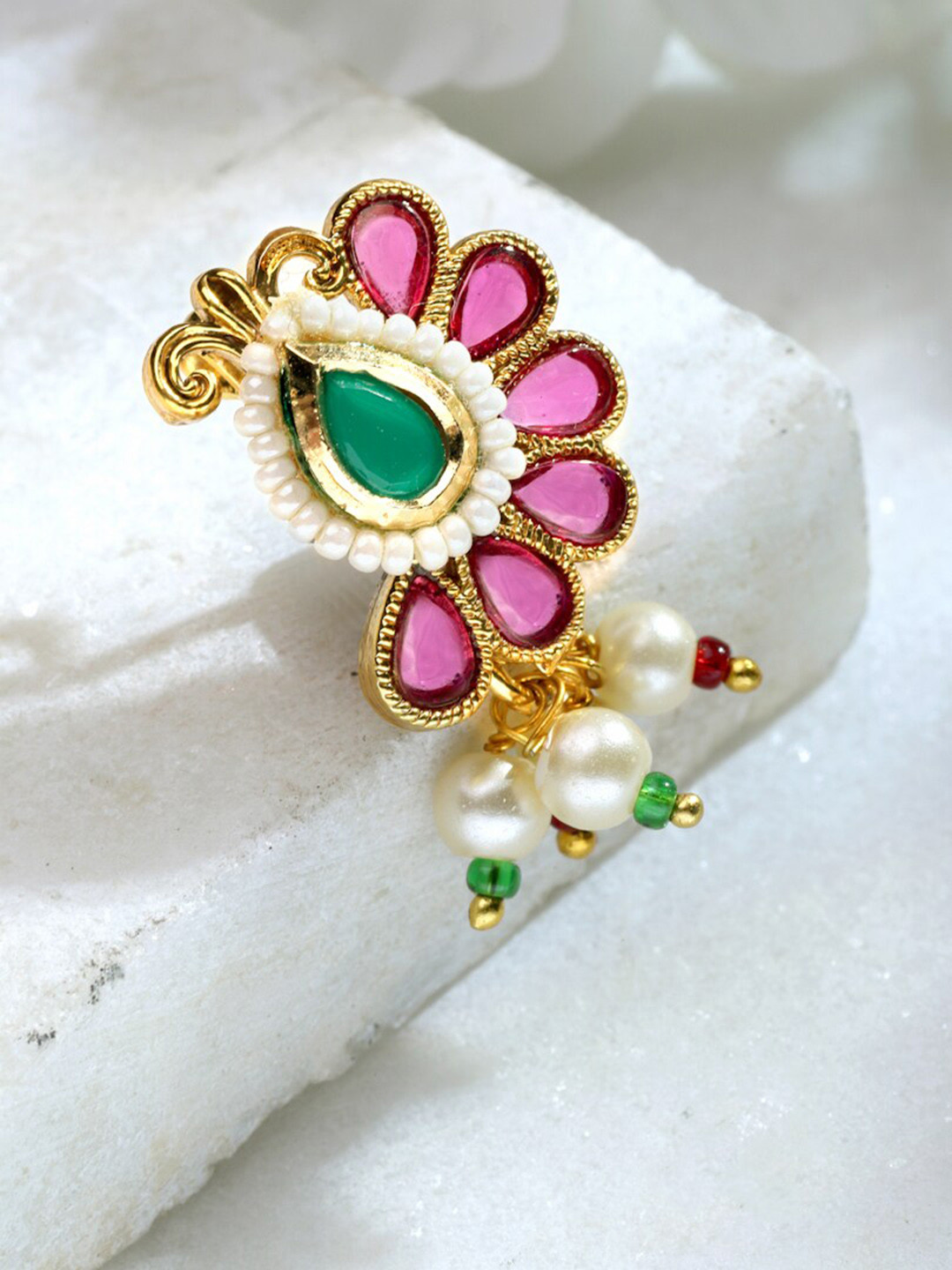 Gold-Polished White Red Kundan-Studded Pearl Beaded Nosepin - Ruby Raang main image 0