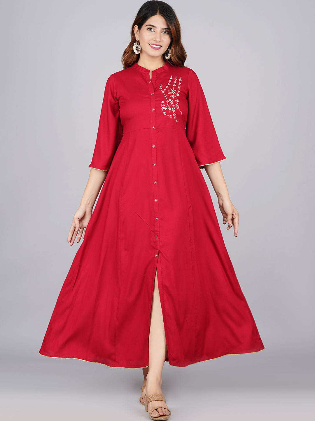 Women Navy Blue Ethnic Motifs Printed Mandarin Collar A-Line Dress