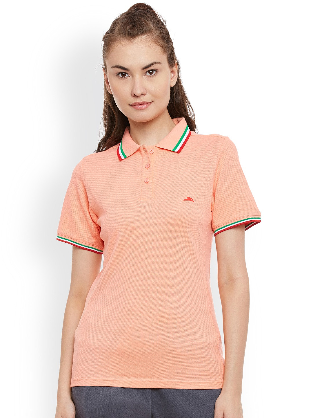 Buy PERF Women Peach Coloured Solid Polo Collar T Shirt Tshirts for