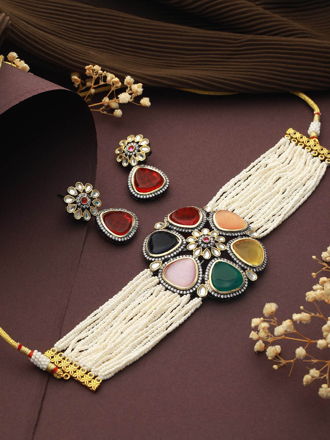 Buy Saraf RS Jewellery Rhodium Plated Stone Studded & Beaded Jewellery