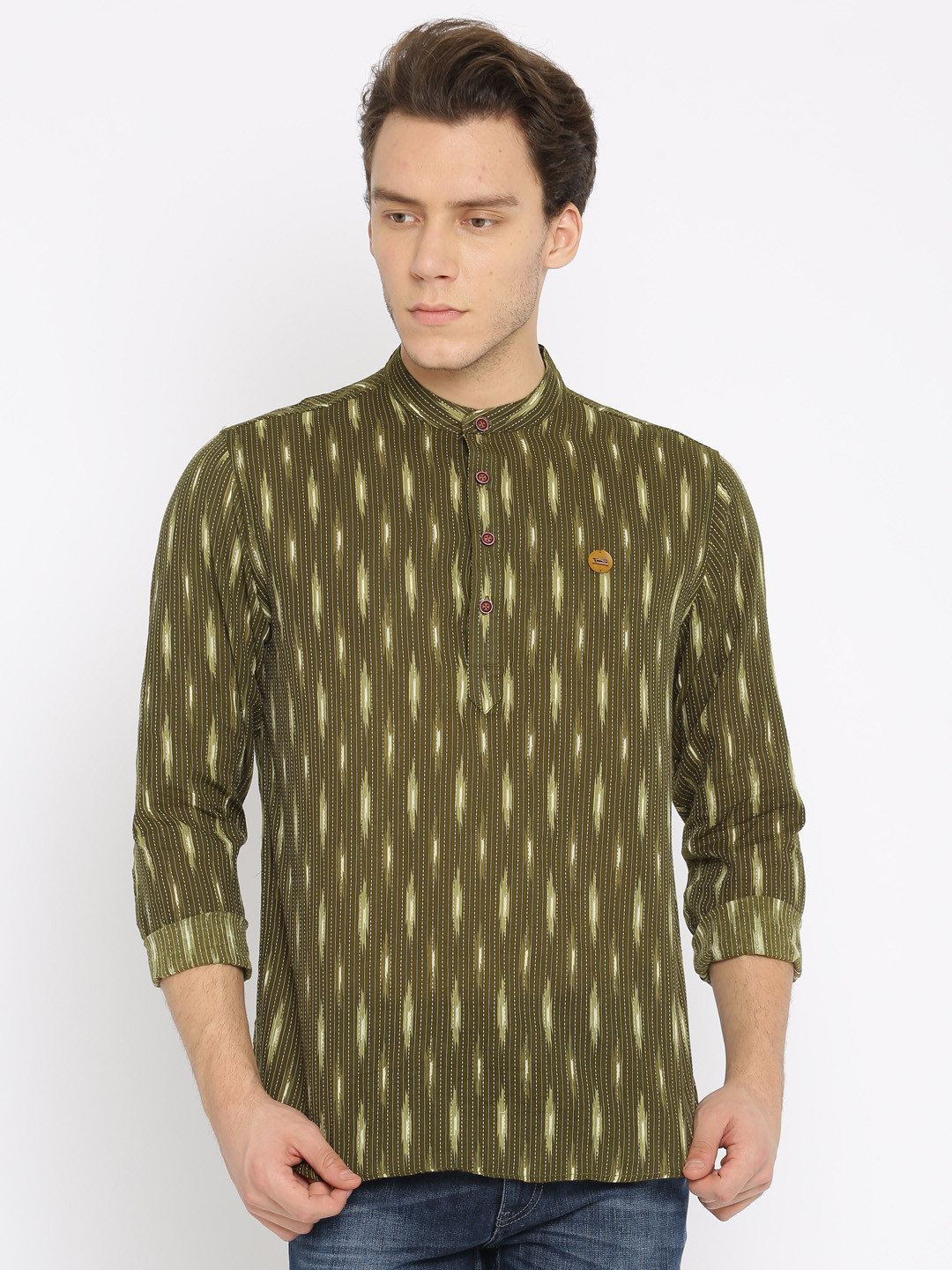 Men Green Woven Straight Kurta