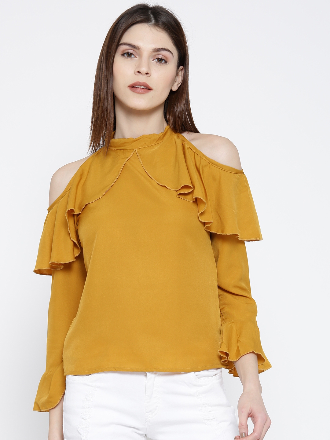 Buy U F Women Mustard Yellow Solid Ruffled Top Tops For Women 2262531   11512381362584 UF Women Mustard Solid Top 9021512381362466 1 