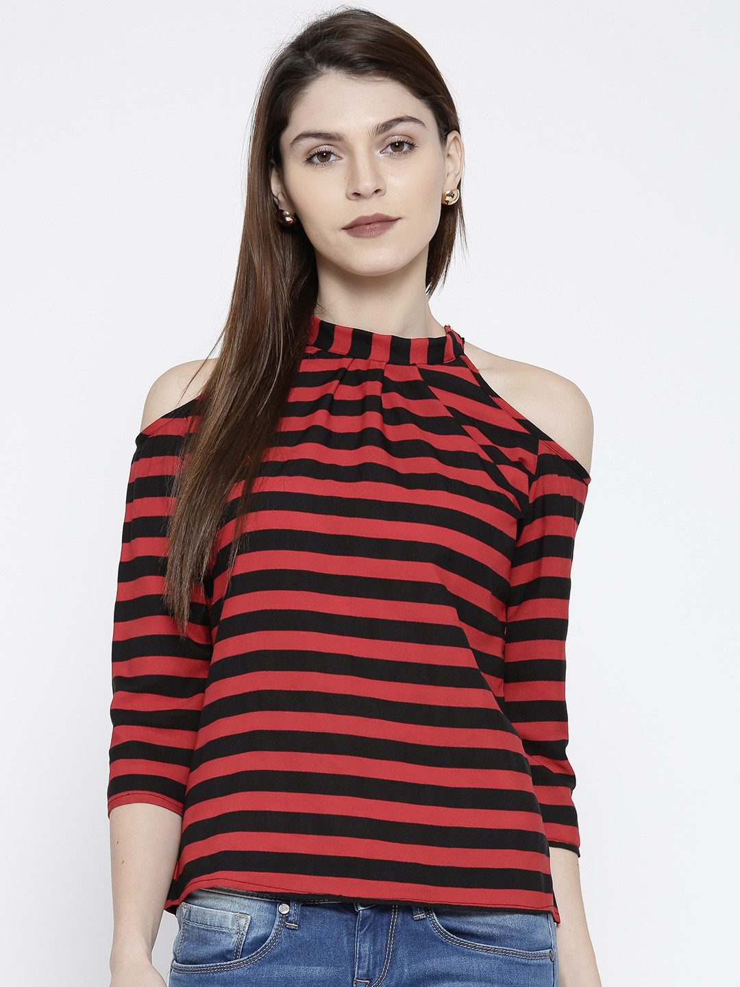 Buy U&F Women Red & Black Striped Cold Shoulder Top Tops for Women