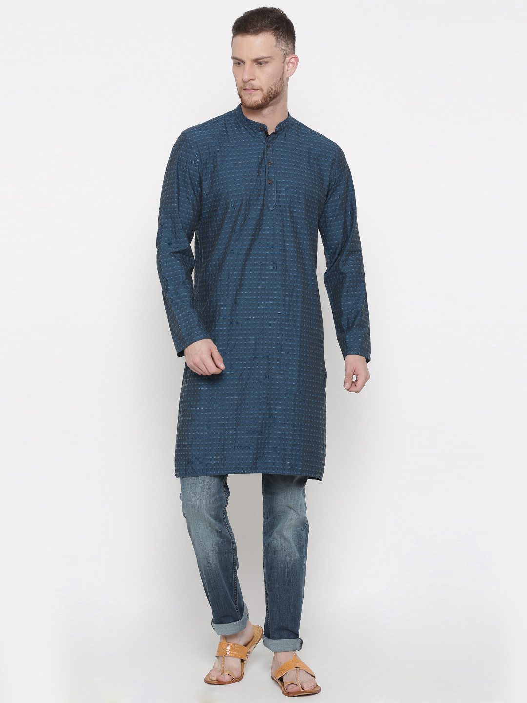 Buy British Club Men Navy Blue Woven Design Straight Kurta Kurtas for
