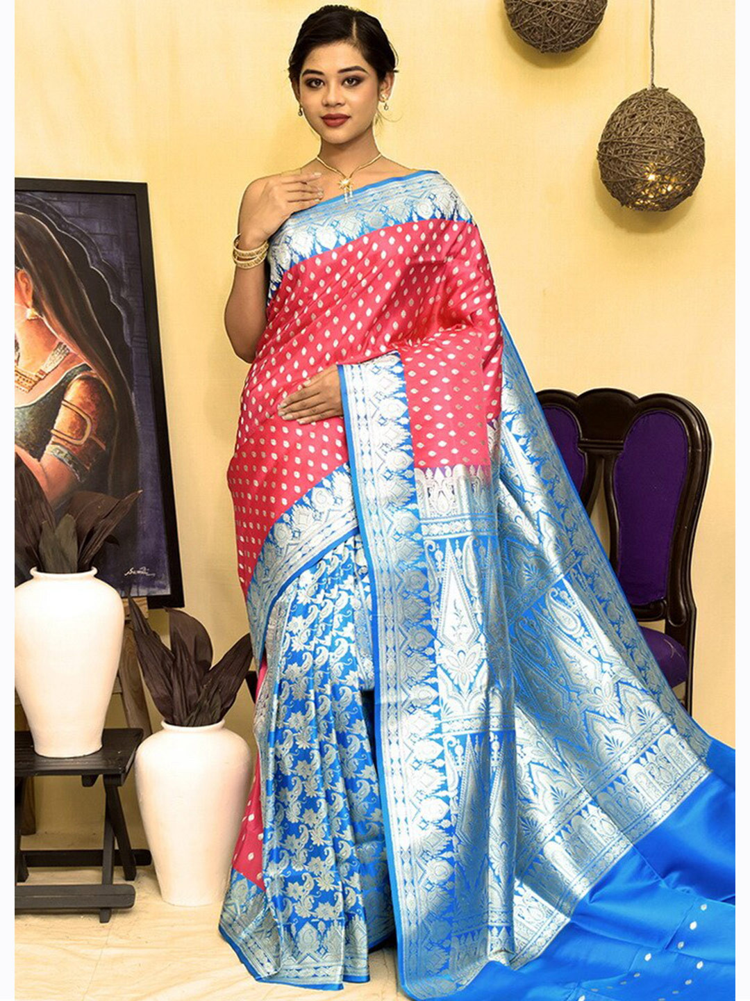 Buy AllSilks Ethnic Motifs Woven Design Zari Pure Silk Half And Half