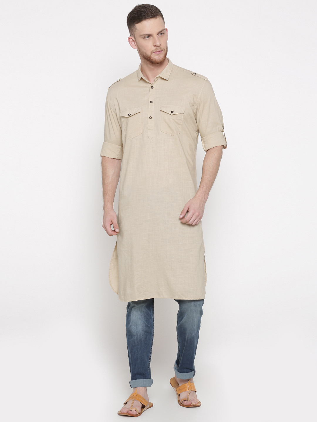 Men Beige Regular Pure Cotton Pathani Kurta