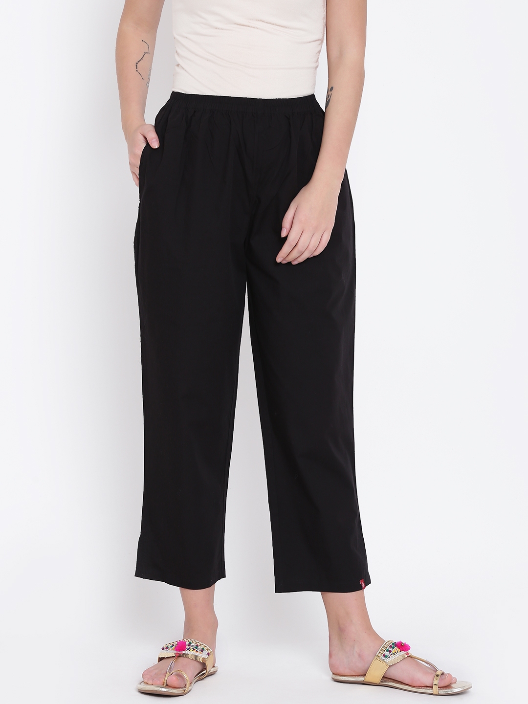 Buy Biba Women Black Straight Fit Solid Crop Regular Trousers ...