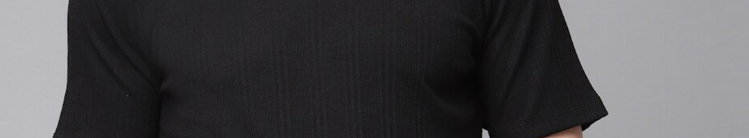 Buy Rigo Men Black Ribbed Textured Slim Fit Round Cotton T Shirt ...