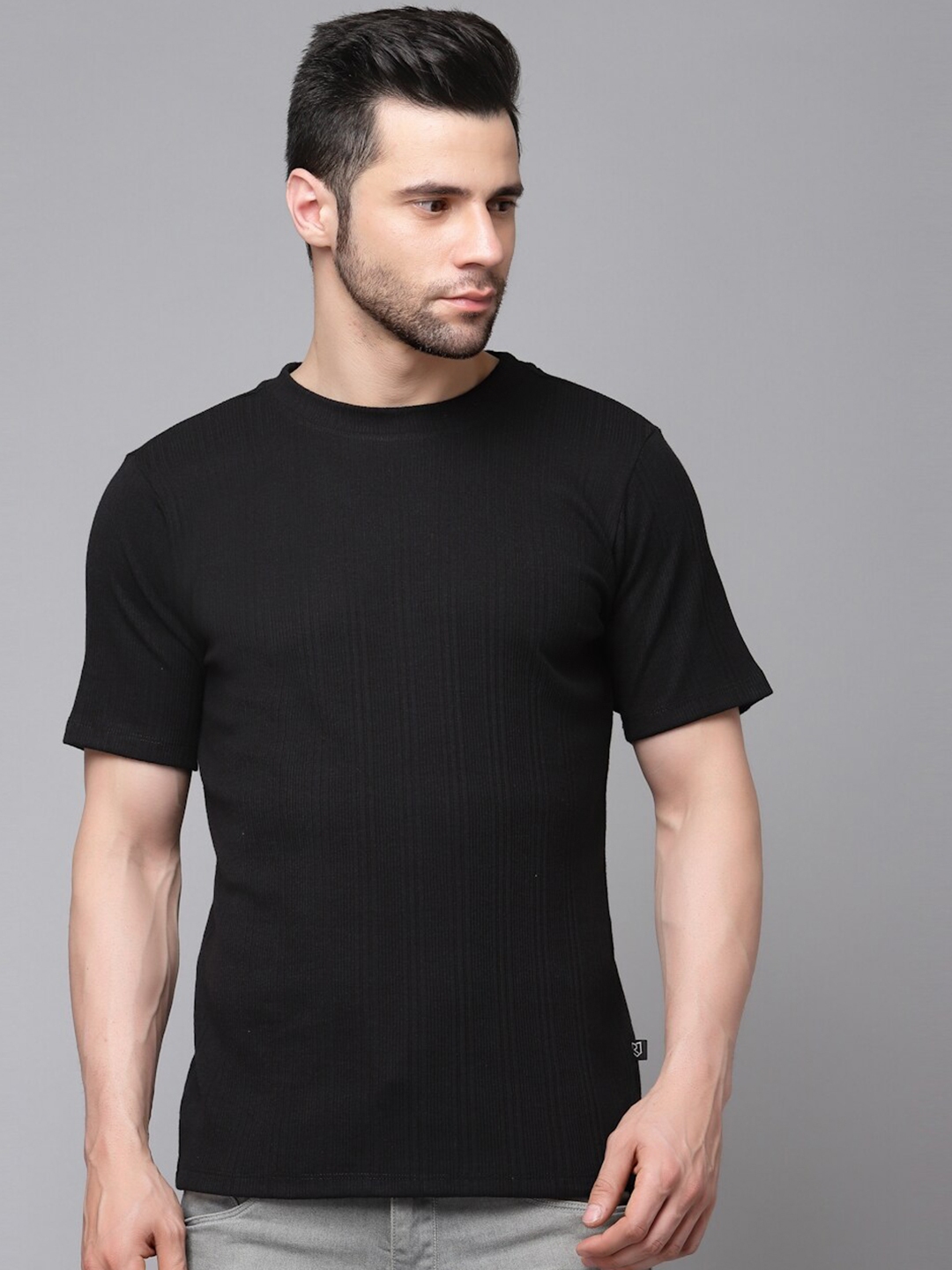 Buy Rigo Men Black Ribbed Textured Slim Fit Round Cotton T Shirt ...