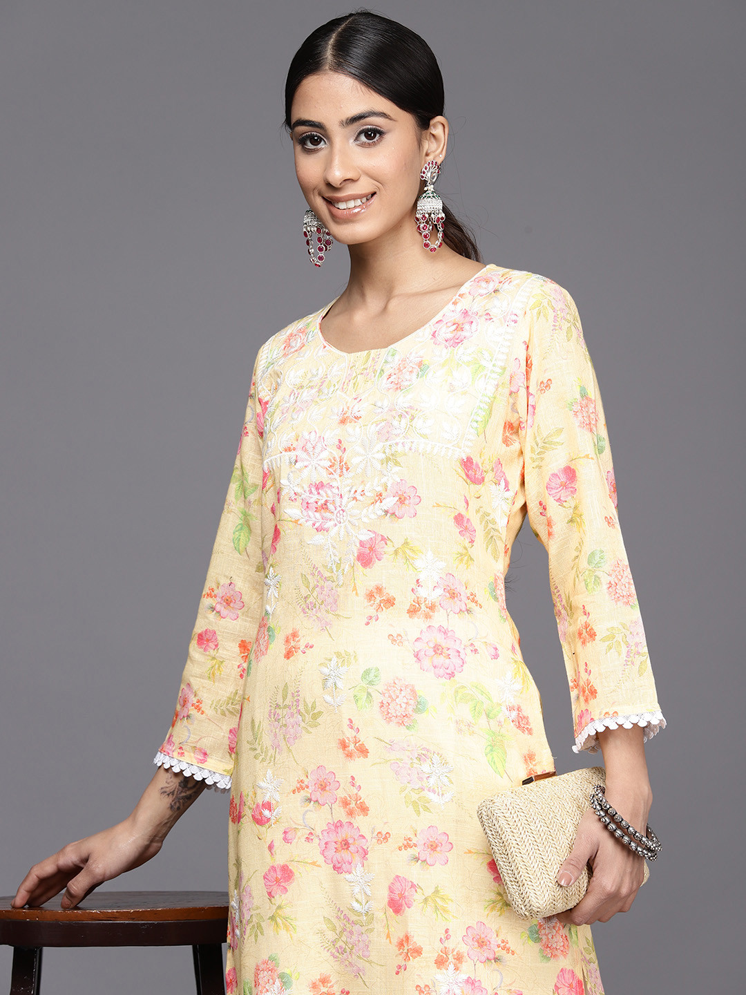 Women Yellow Floral Printed Regular Chikankari Kurta with Trousers