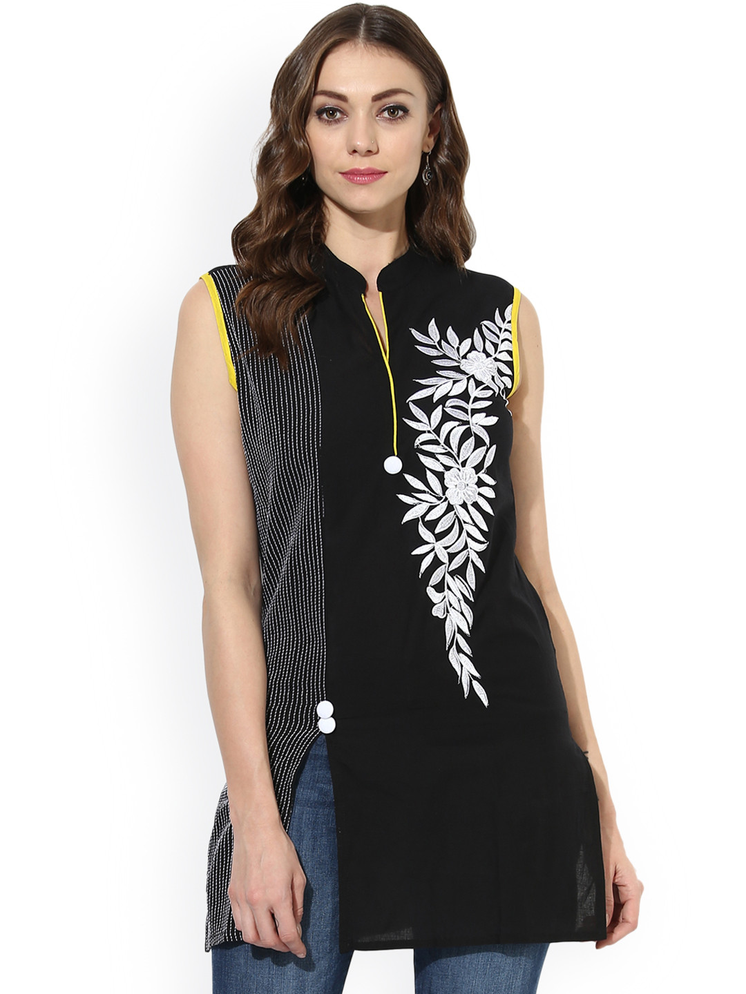 Buy Mytri Women Black Embroidered Pure Cotton Kurti Kurtis for Women