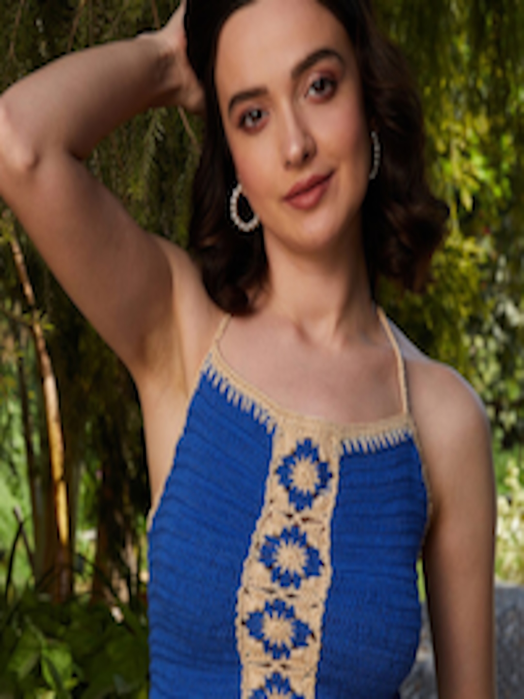 Buy Athena Blue Self Design Halter Neck Cotton Crochet Crop Fitted Top ...