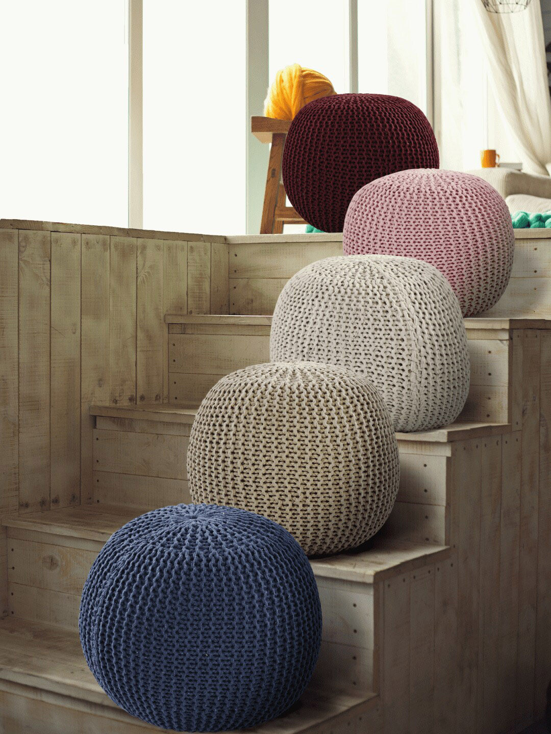 Buy SASHAA WORLD Blue Cotton Round Knitted Pouf Ottomans - Ottomans for ...