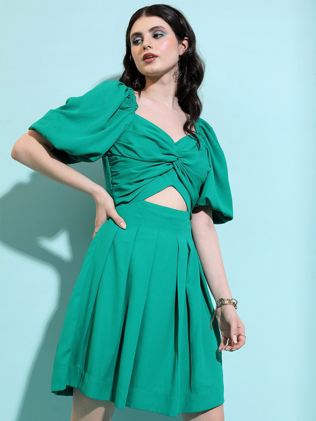 buy-tokyo-talkies-green-puff-sleeves-cut-out-detail-fit-flare-dress