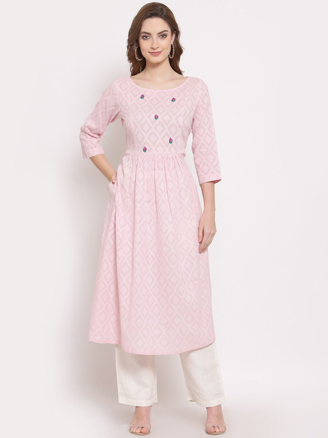 Women's Taupe Geometric Printed Thread Work Anarkali Kurta