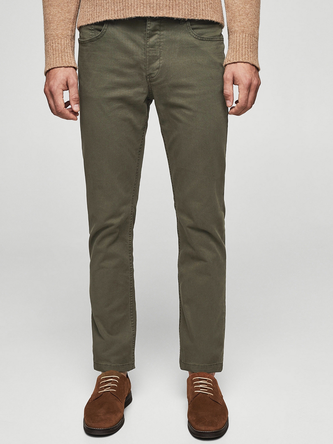 Buy MANGO MAN Olive Green Regular Fit Solid Trousers - Trousers for Men ...