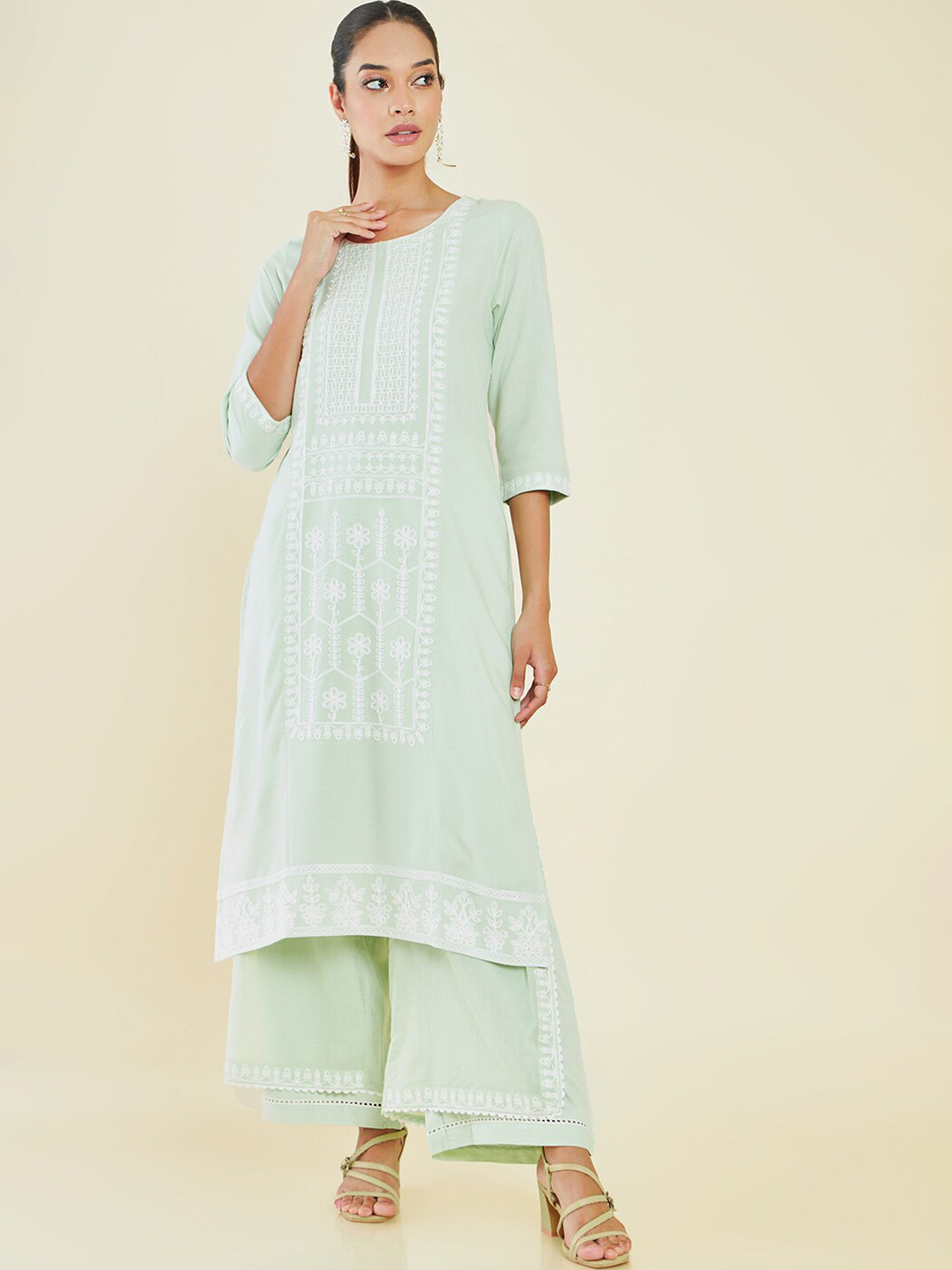 Green - Running Stitch Cotton Straight Kurta with Jacquard Patchwork 04