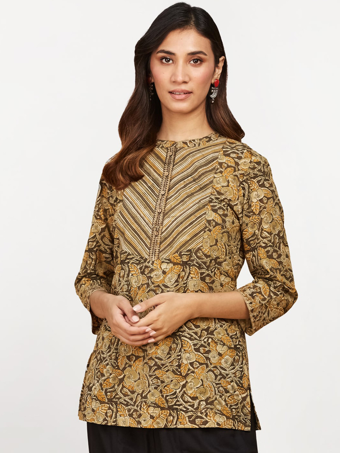 Buy Fabindia Floral Printed Band Collar Pure Cotton Kurti Kurtis for
