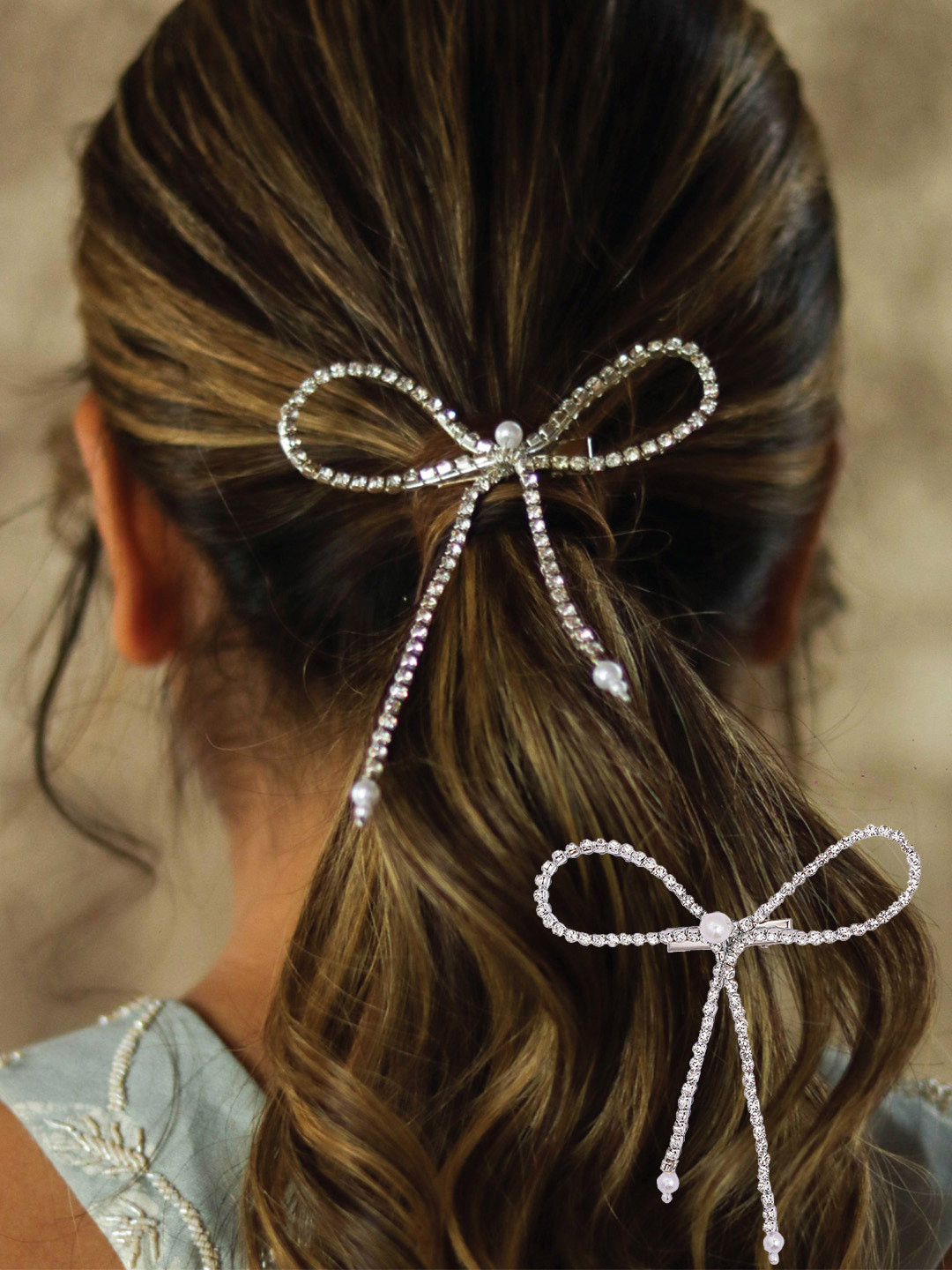 Hair Drama Co Satin Pearl Hair Bow Alligator Clip - Grey