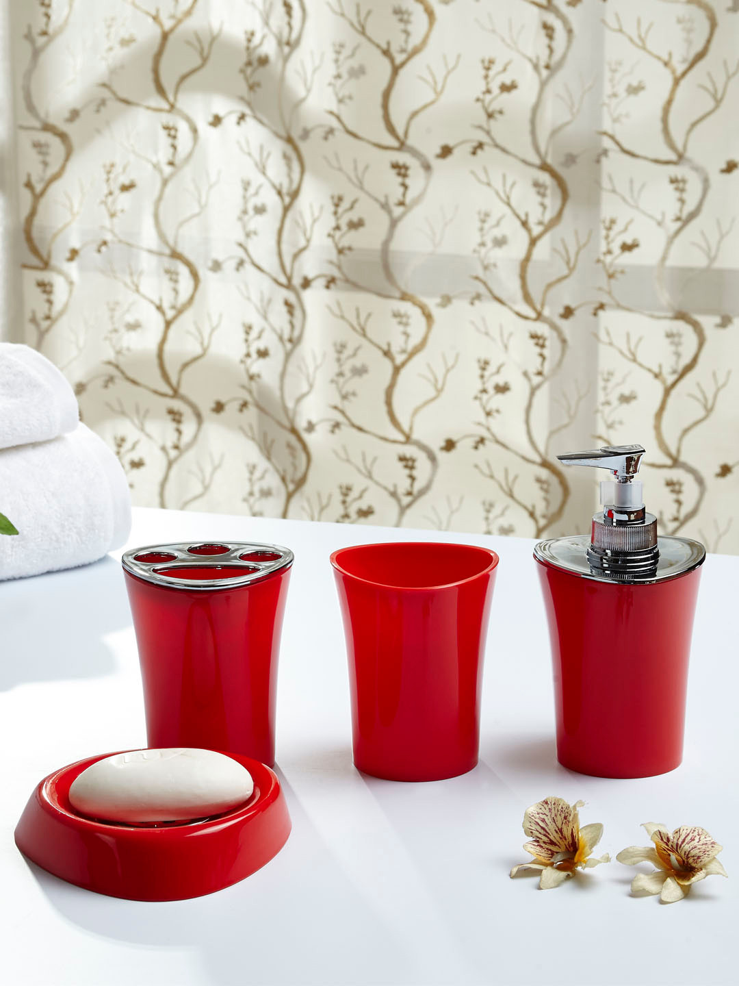 Buy OBSESSIONS Set Of 4 Red Solid Bath Accessories Bathroom