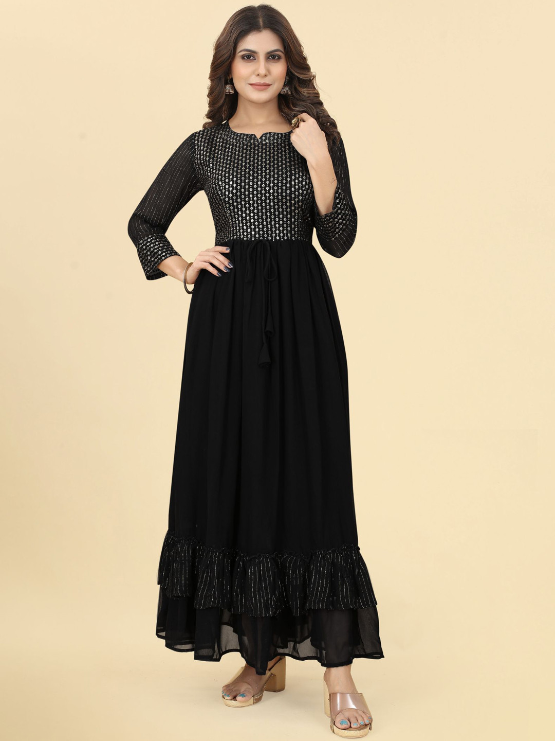 Women Classy Black Georgette Belted Detail Ethnic Dress