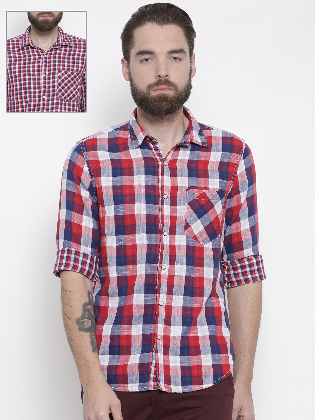 Buy Indigo Nation Men Red & Blue Slim Fit Checked Reversible Casual ...
