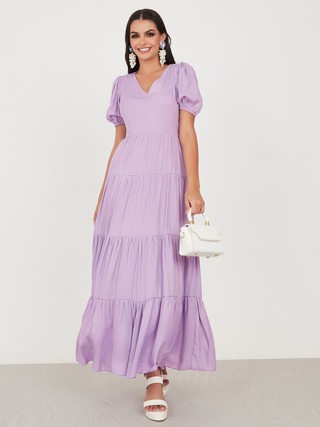 Buy Styli Purple Puff Sleeved Tiered Maxi Dress - Dresses for Women ...
