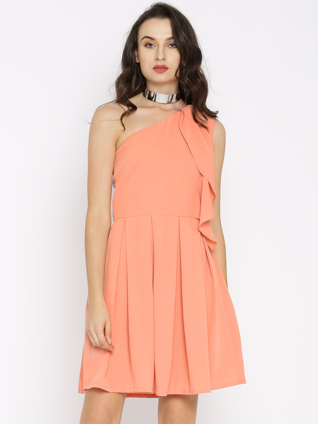 Women's Peach Layered Chiffon Fit and Flare Dress