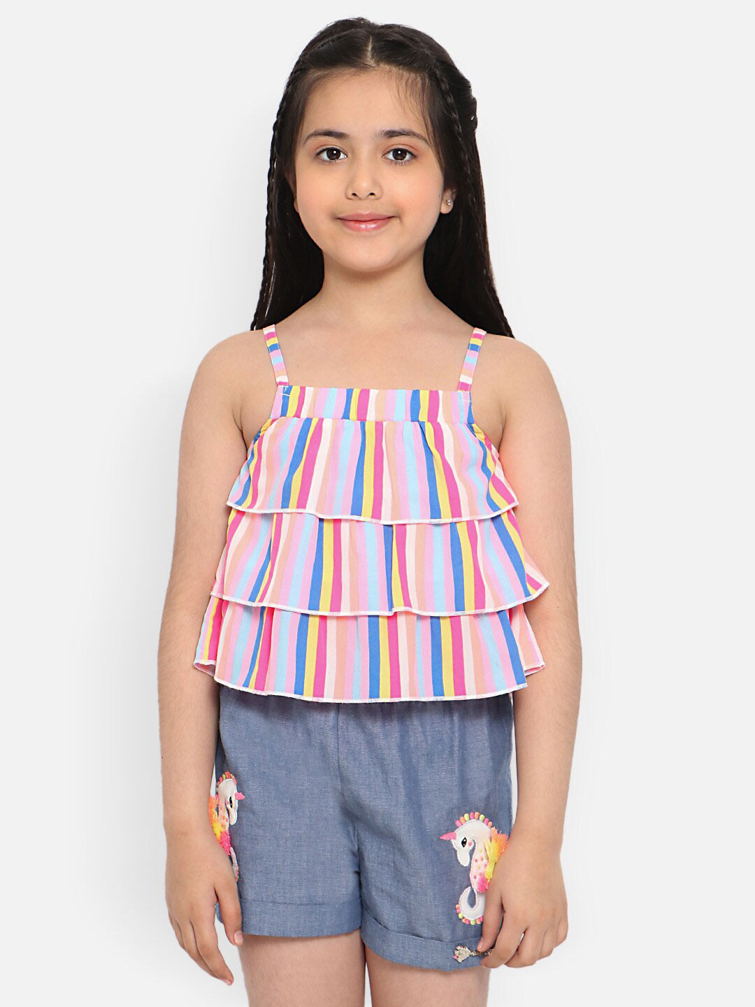 Buy Nauti Nati Girls Striped Ruffles Shoulder Straps Top With Shorts ...