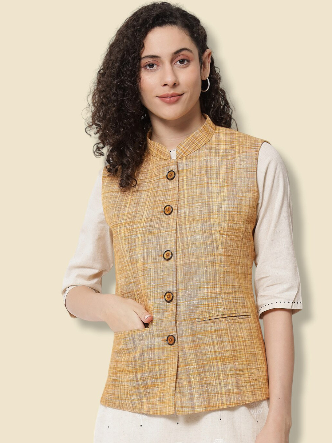 Vastraa Fusion Women's Khadi Yellow Casual Solid Both Side Button Cotton Kurti with Stitched Parallel Matching Stripes