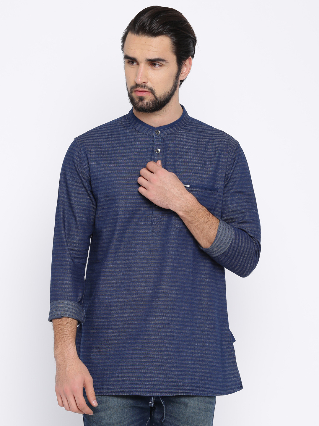 Buy Peter England Men Navy Blue Striped Straight Kurta - Kurtas for Men 2272722 | Myntra