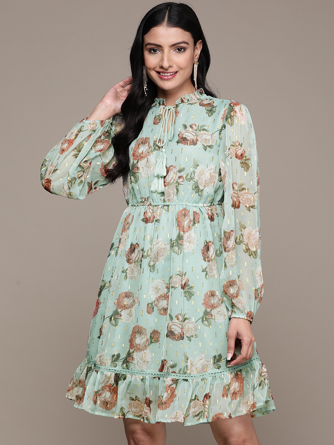 A-Line Chiffon Dress with Flower Appliqued Ink Blue