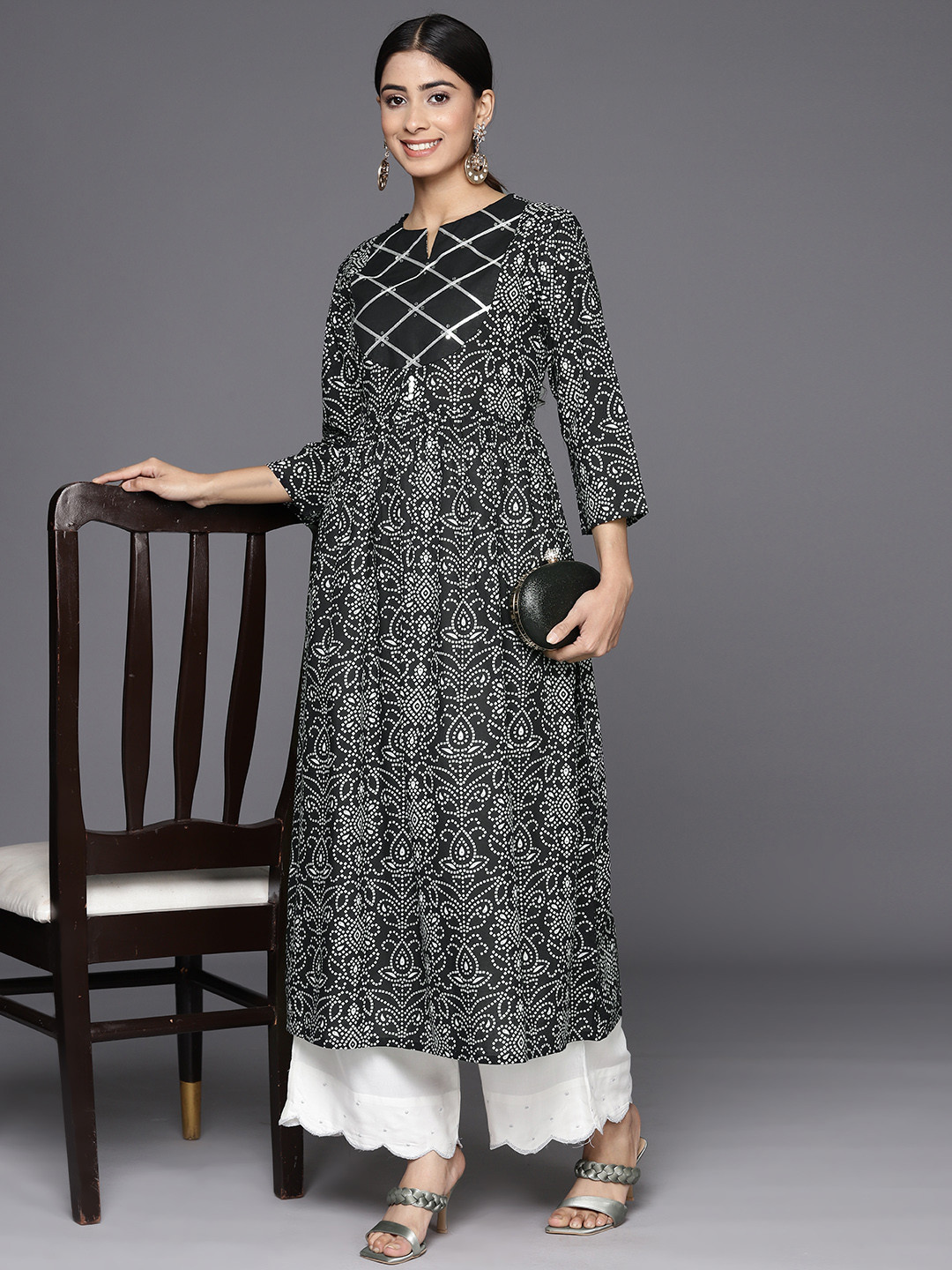 Purple Color Bandhani Printed V-Neck Sequinned Straight Kurta With Trousers & Dupatta