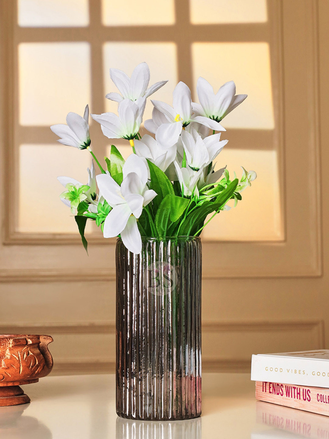 Buy BS AMOR White & Green Lilly Artificial Flowers With Vase