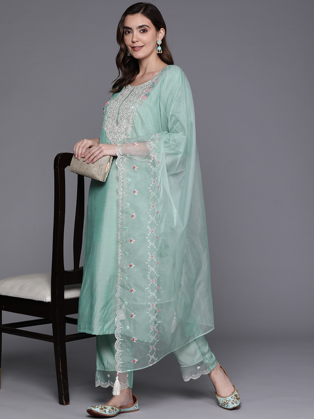 Indo Era Green Embroidered Straight Kurta Trouser With Dupatta Set