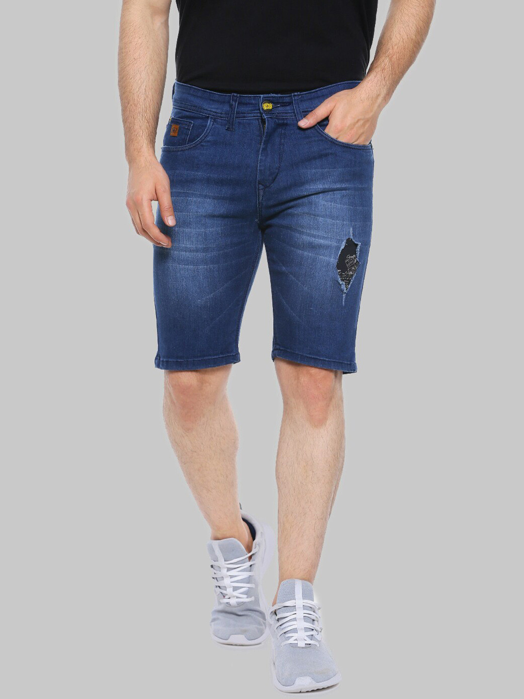 Buy Campus Sutra Men Blue Mildly Distressed Washed Cotton Denim Shorts