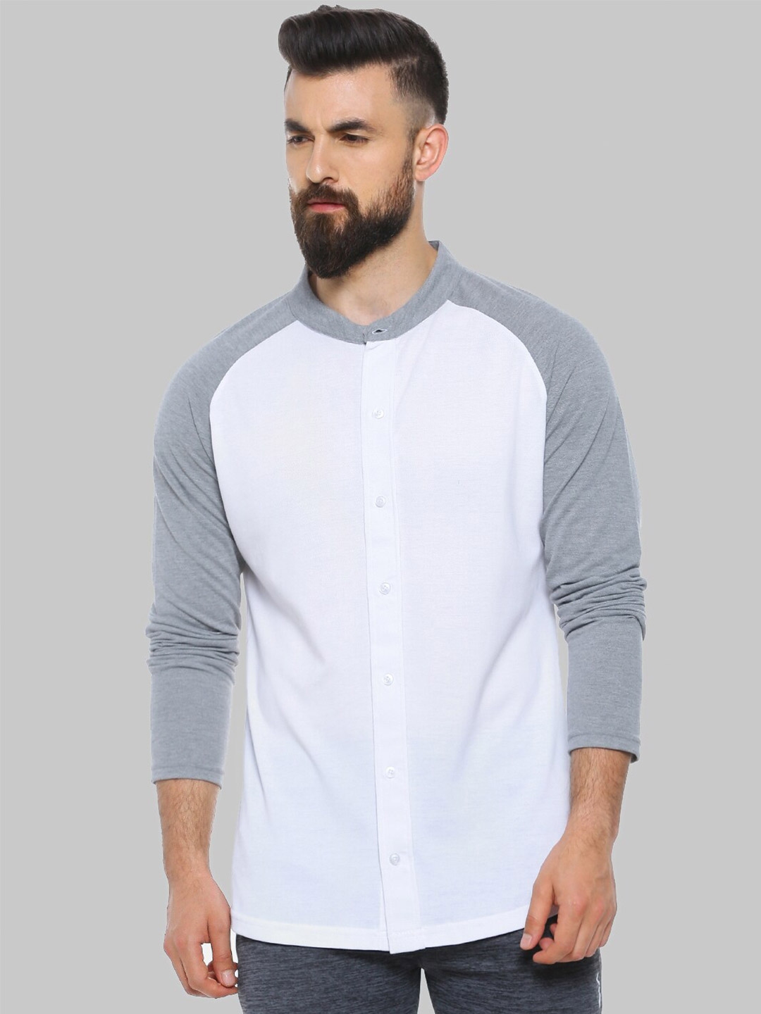 Buy Campus Sutra White & Grey Henley Neck Classic Fit Cotton Casual ...