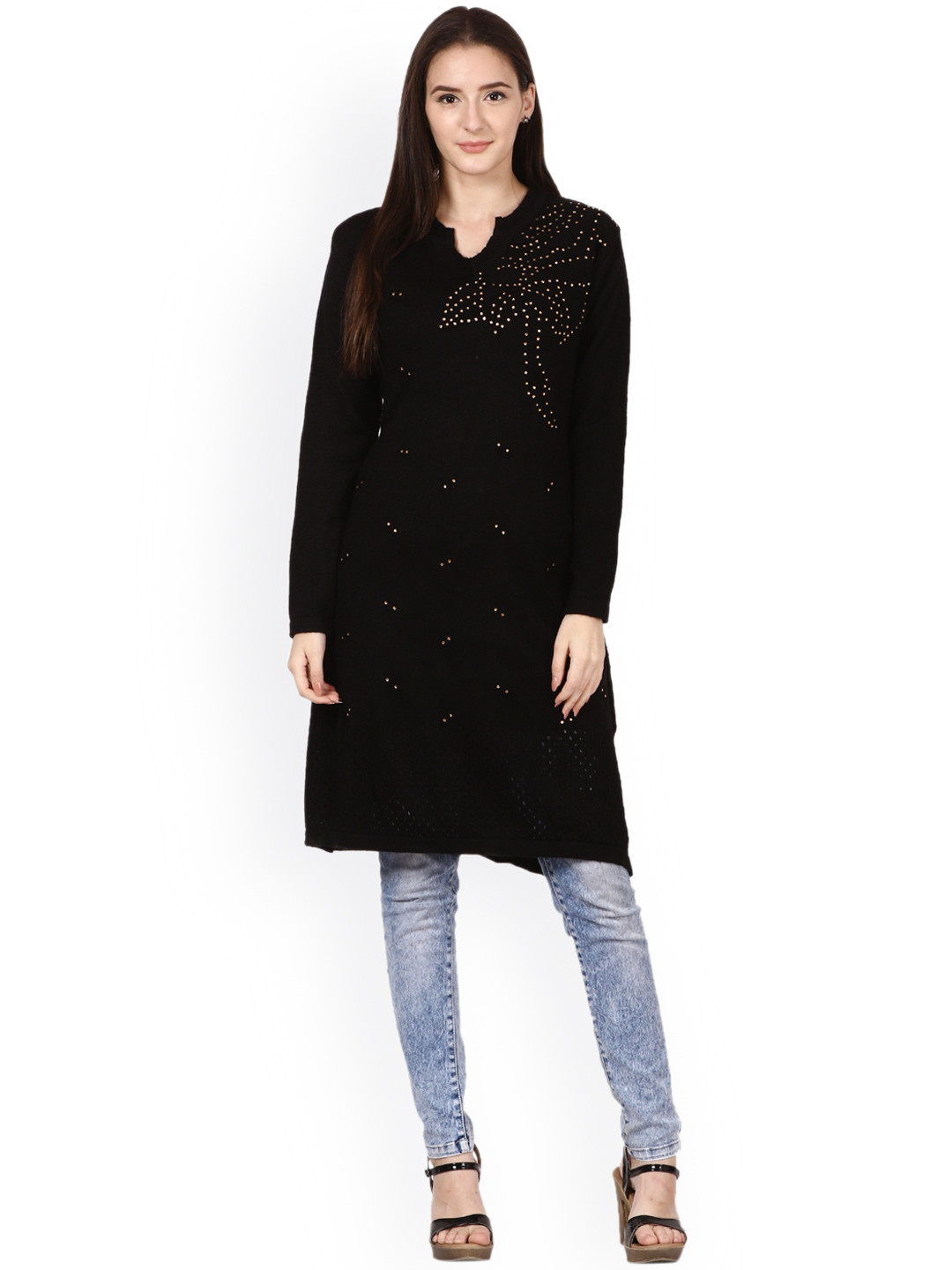 Buy Saadgi Women Black Embellished Straight Woollen Kurta - Kurtas for Women 2273336 | Myntra