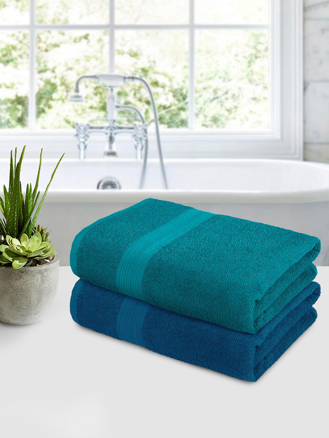 Buy Bedspun Blue & Teal Blue 2 Pieces Self Designed 350 GSM Bath Towels