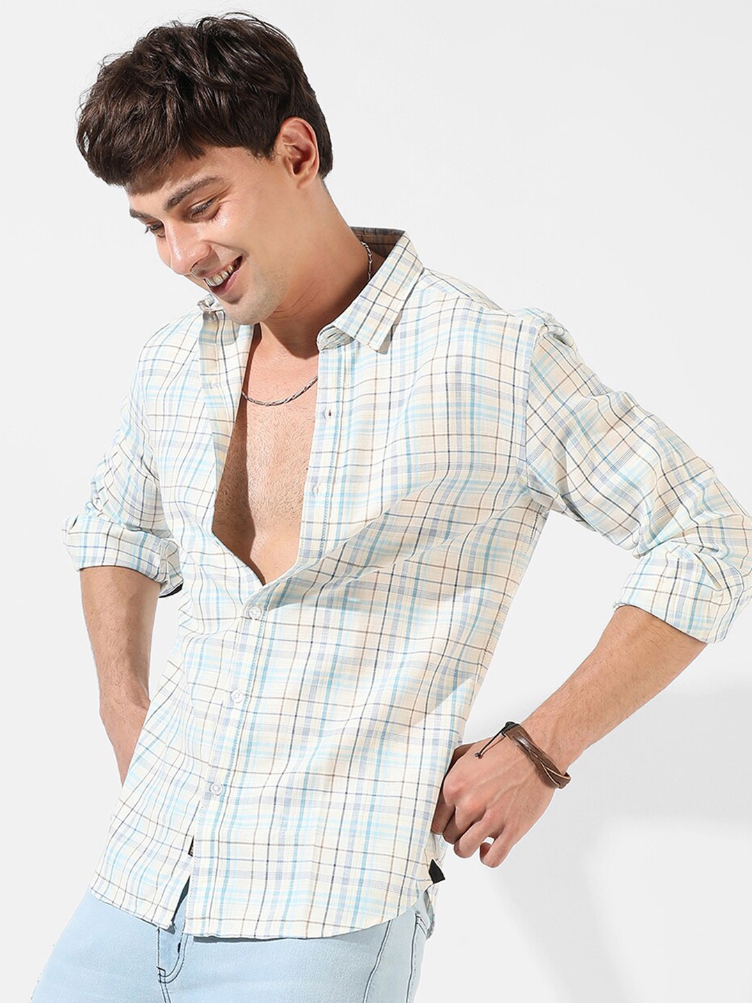 Buy Campus Sutra White Classic Tartan Checked Cotton Casual Shirt ...