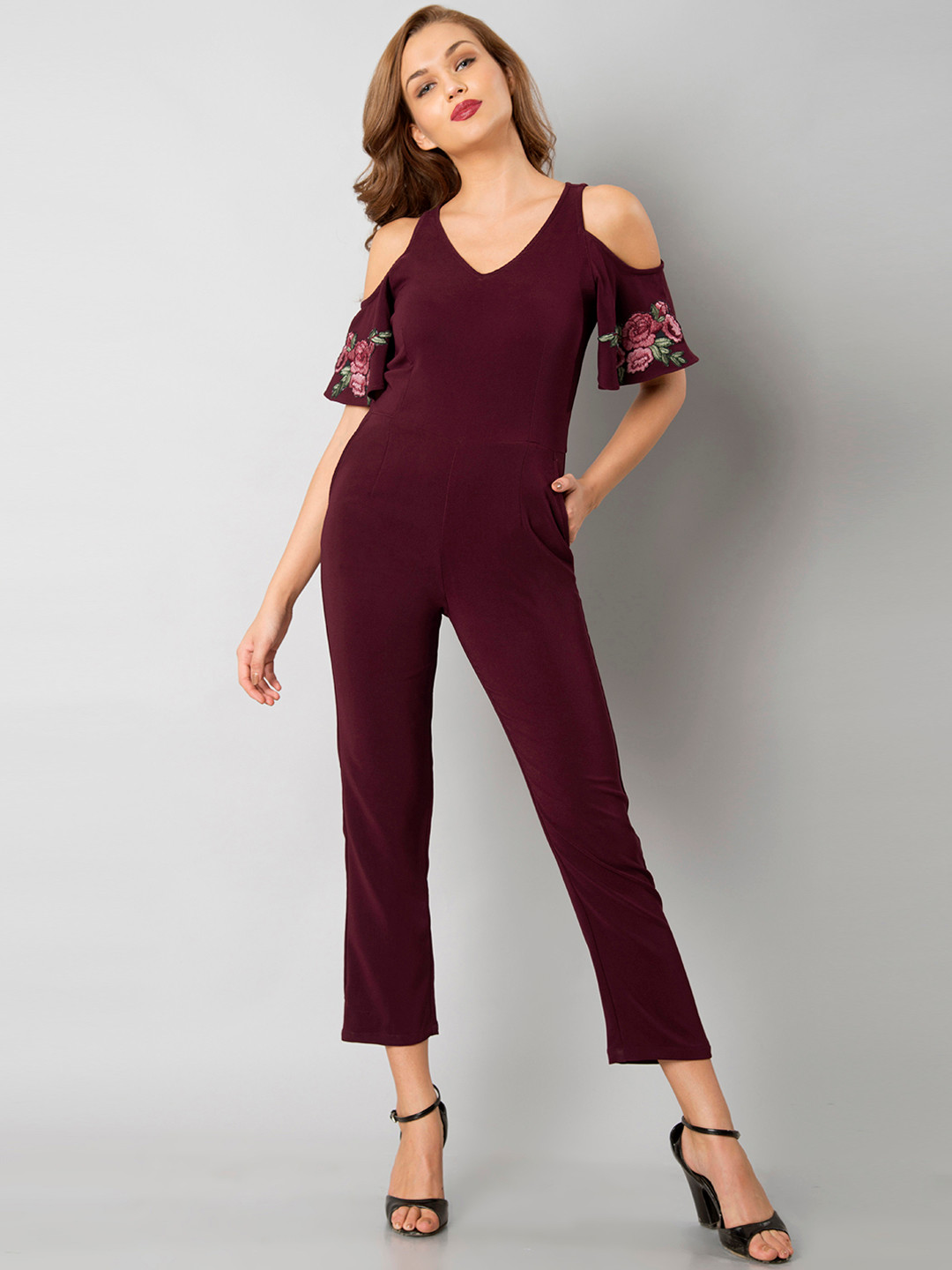 Buy FabAlley Maroon Solid Basic Jumpsuit Jumpsuit for Women 2273822