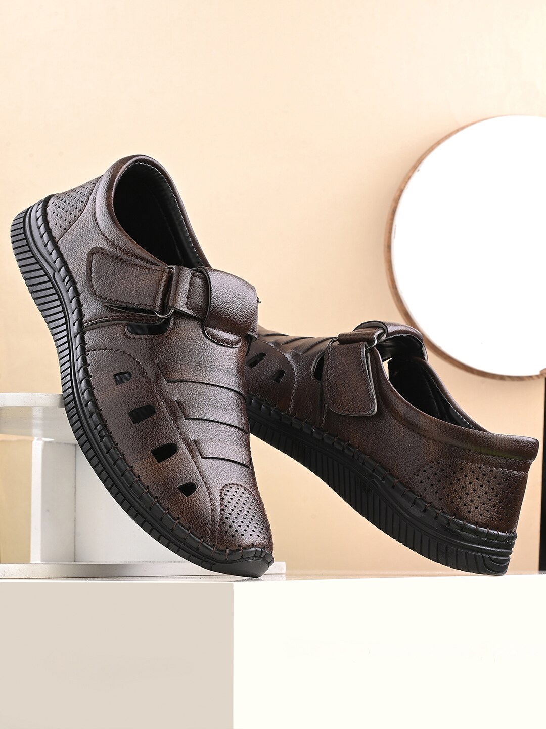 Buy Roadster Men Brown Textured Velcro Closure Shoe Style Sandals