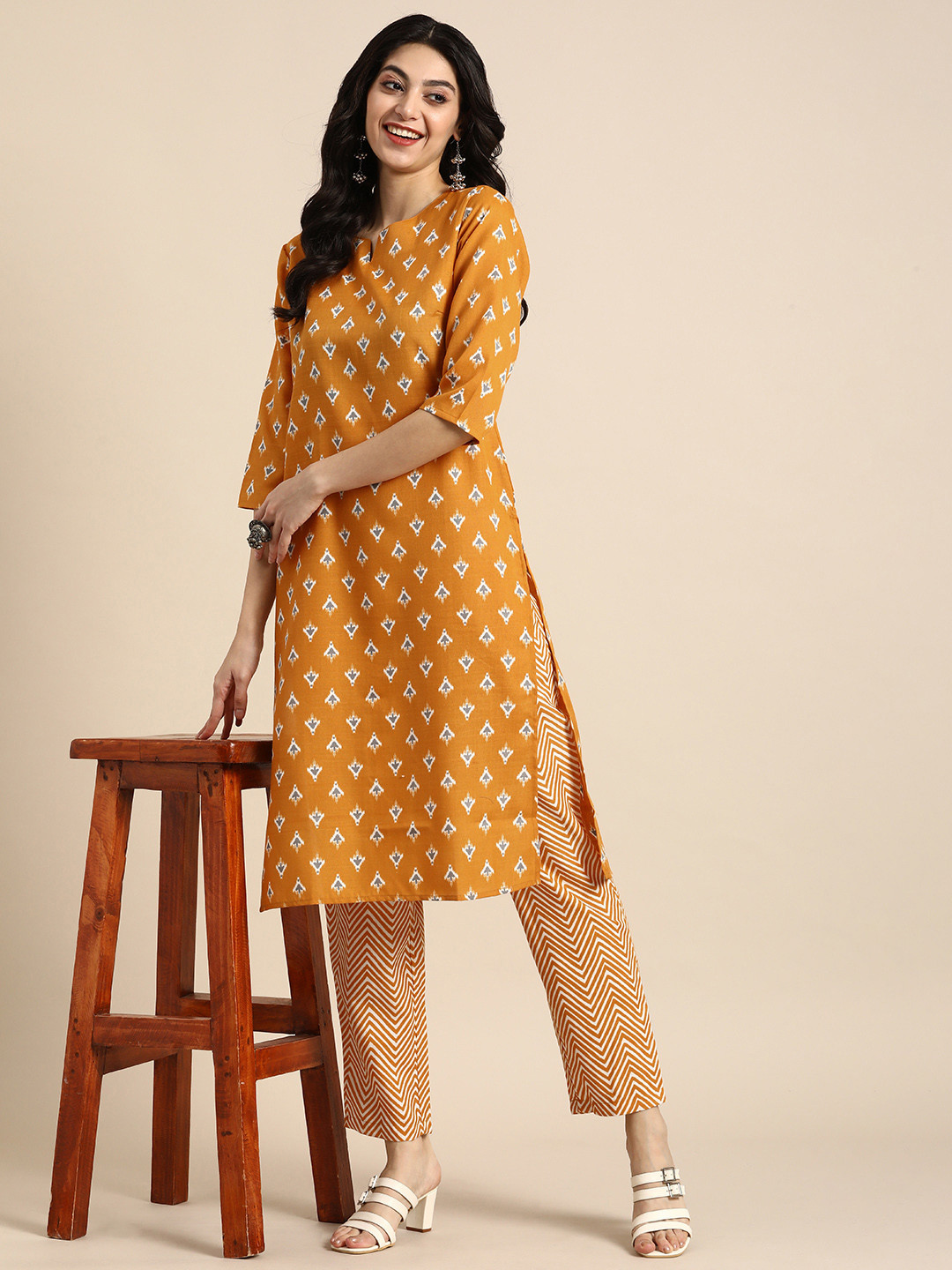 Buy Anouk Women Mustard Yellow Printed Regular Kurta With Trousers