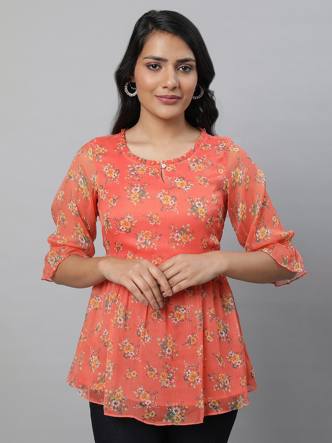 Buy AURELIA Floral Printed Keyhole Neck Empire Kurti Kurtis for Women