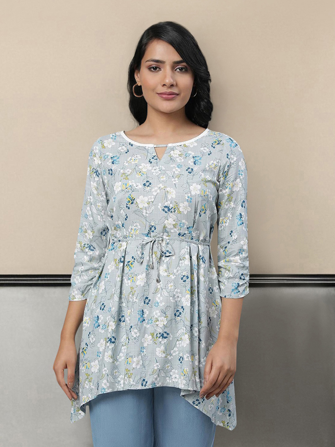 Women Floral Embroidered Empire Sleeveless Fusion Kurti With Dhoti Pants