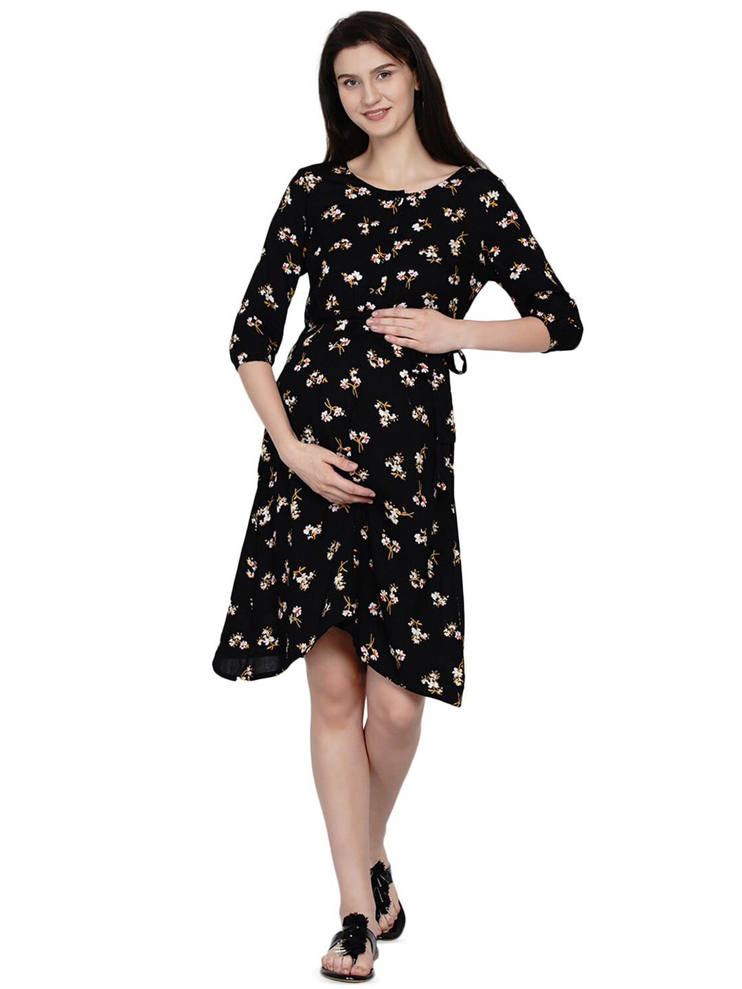 Tie-Up Neck Floral Printed Midi Fit And Flare Maternity Dress