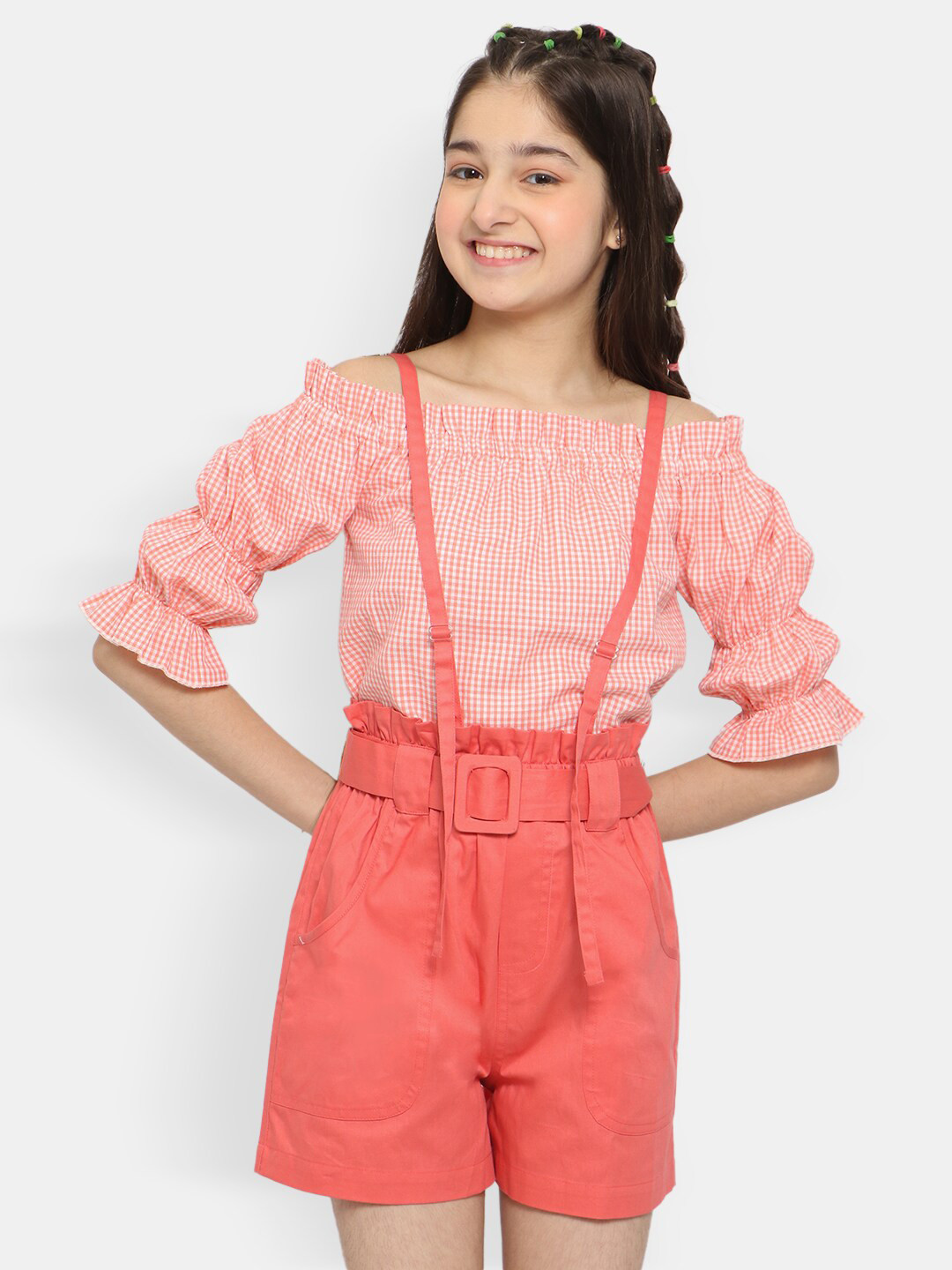 Nautinati Girls Checked Shoulder Straps Top With Shorts