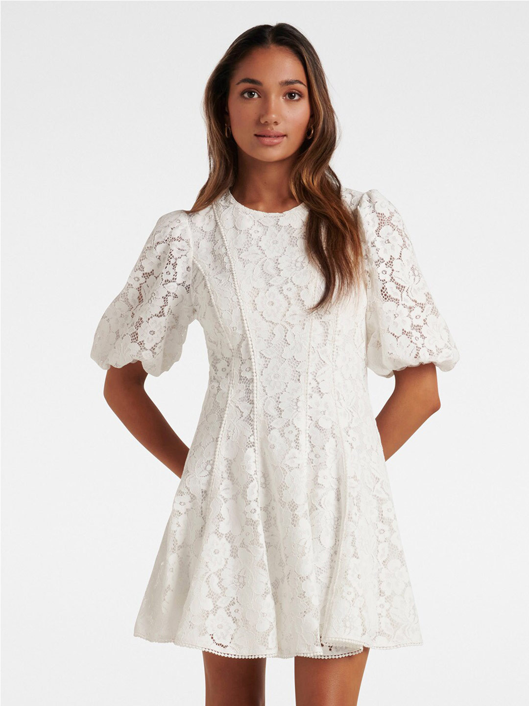 Buy Forever New Floral Self Design Round Neck Puff Sleeves Lace Fit ...